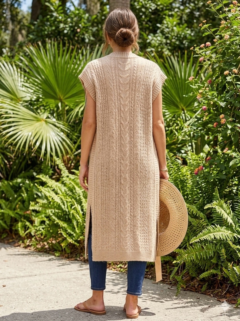 Anna & Ava Oatmeal Cable Knit Long Sleeveless Cardigan Vest One Size NWT